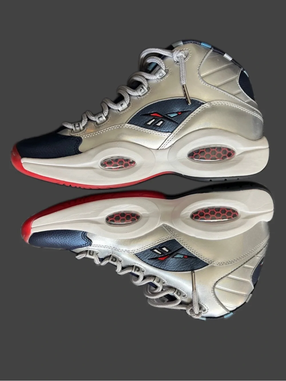 Reebok Question Mid James Harden Collab Sneakers in Navy, Silver, Red